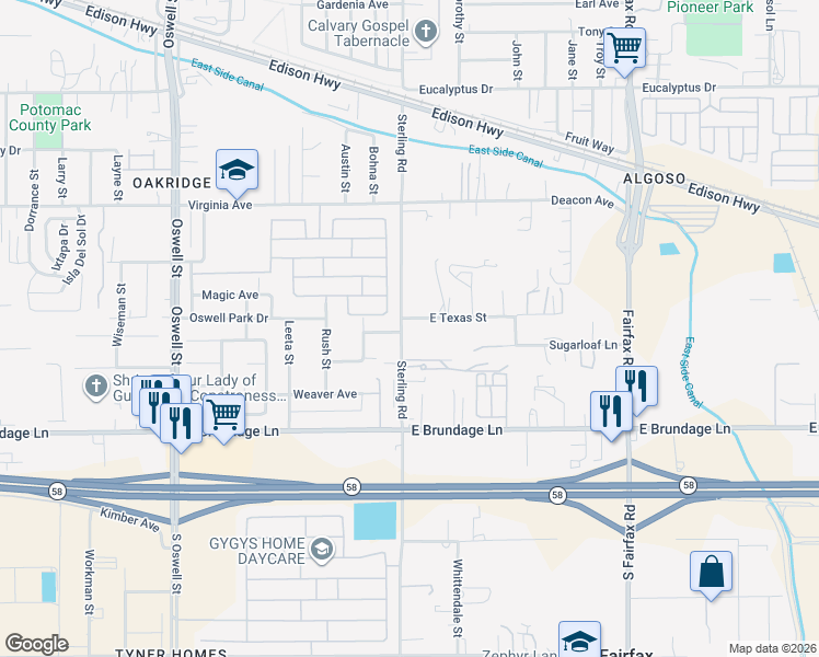map of restaurants, bars, coffee shops, grocery stores, and more near 505 Broken Arrow Avenue in Bakersfield