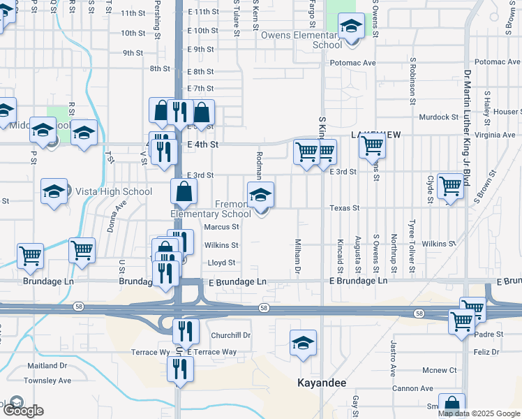 map of restaurants, bars, coffee shops, grocery stores, and more near 215 Rodman Street in Bakersfield