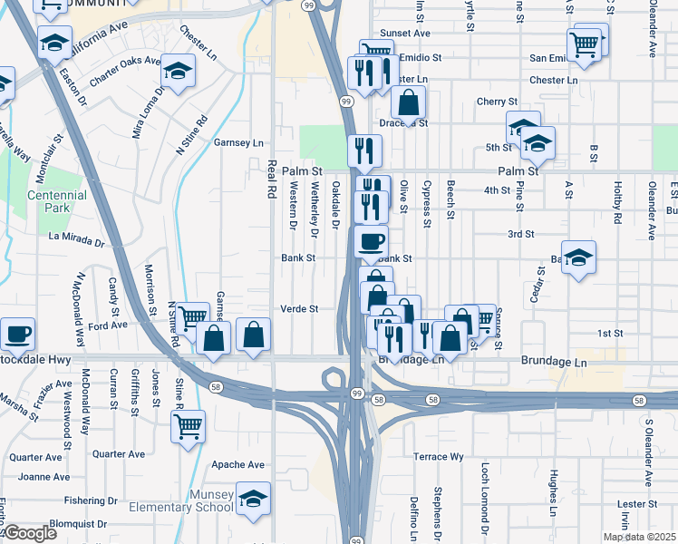 map of restaurants, bars, coffee shops, grocery stores, and more near 200 Oakdale Drive in Bakersfield