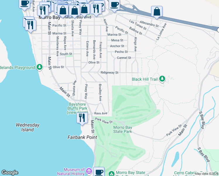 map of restaurants, bars, coffee shops, grocery stores, and more near 280 Kern Avenue in Morro Bay