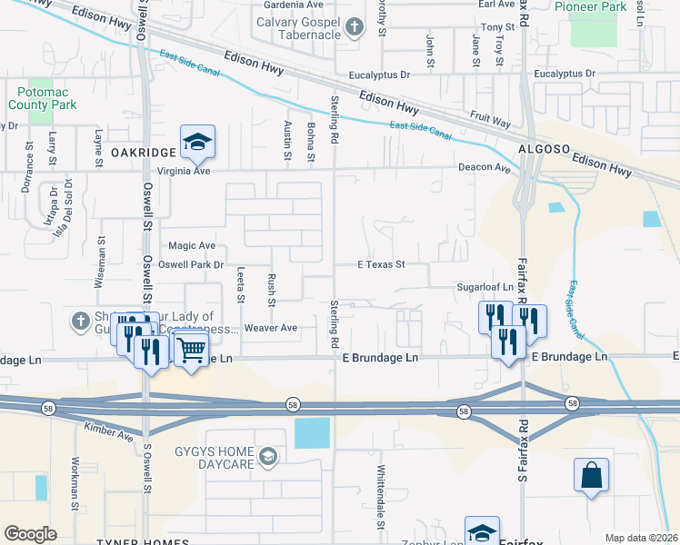 map of restaurants, bars, coffee shops, grocery stores, and more near 505 Broken Arrow Avenue in Bakersfield