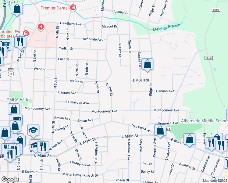 map of restaurants, bars, coffee shops, grocery stores, and more near 446 North 10th Street in Albemarle