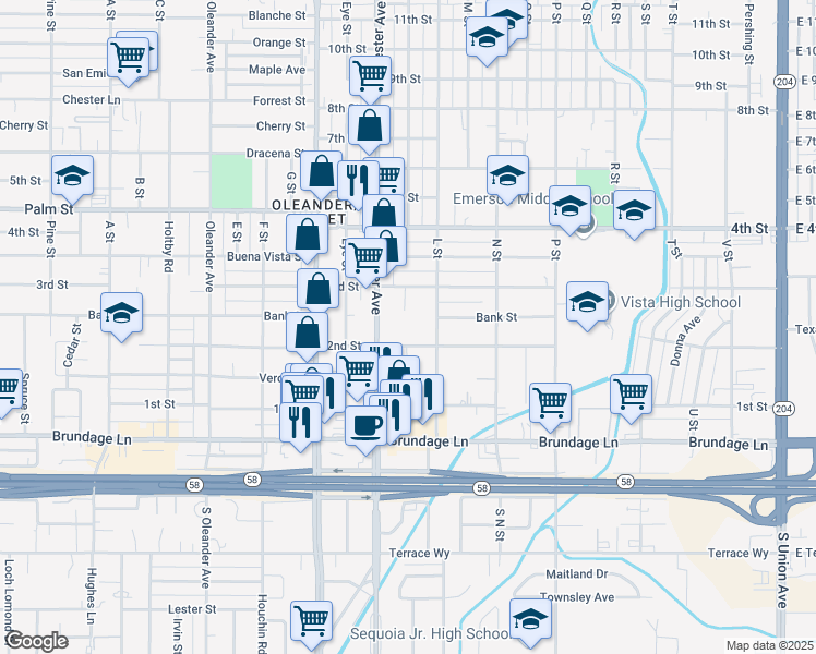 map of restaurants, bars, coffee shops, grocery stores, and more near 1412 2nd Street in Bakersfield