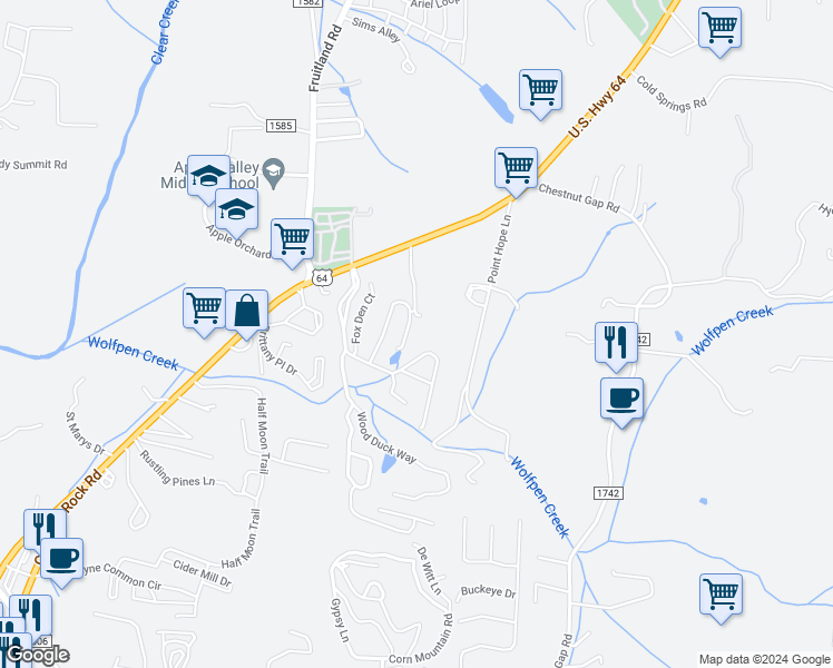 map of restaurants, bars, coffee shops, grocery stores, and more near 1705 Deermouse Way in Hendersonville