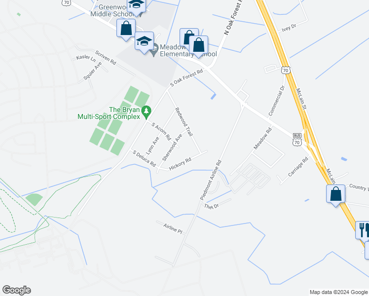 map of restaurants, bars, coffee shops, grocery stores, and more near 406 South Acorn Road in Goldsboro