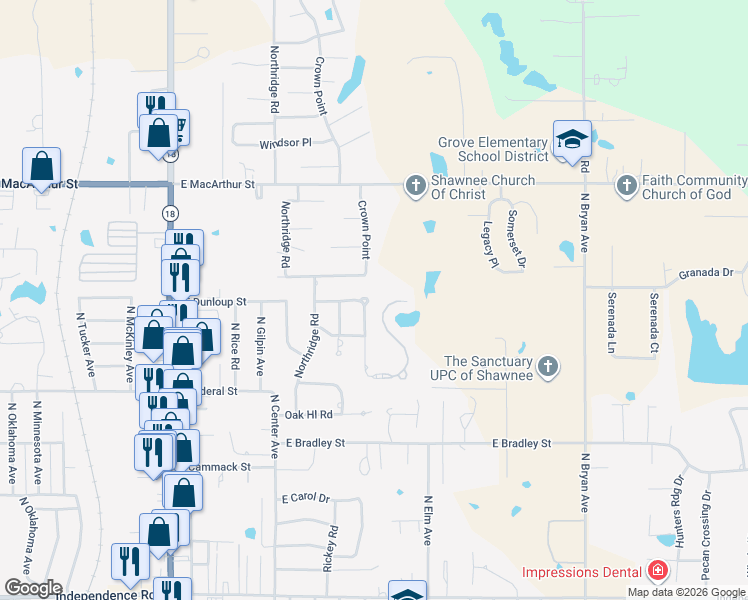 map of restaurants, bars, coffee shops, grocery stores, and more near 25 Crown Point in Shawnee