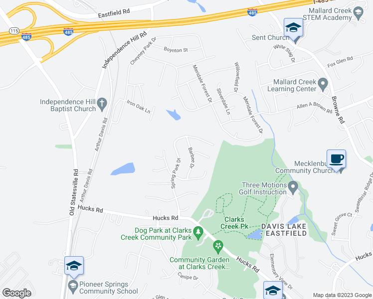 map of restaurants, bars, coffee shops, grocery stores, and more near 10013 Barbee Drive in Charlotte