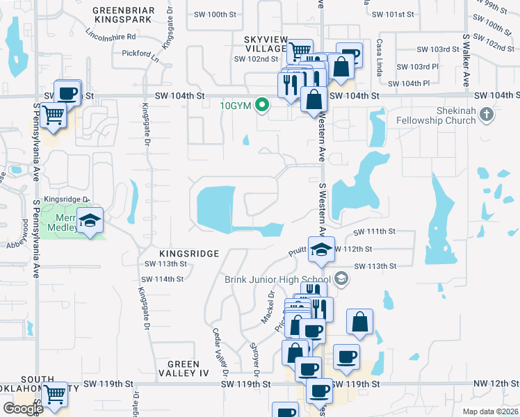map of restaurants, bars, coffee shops, grocery stores, and more near 10904 Kristin Court in Oklahoma City