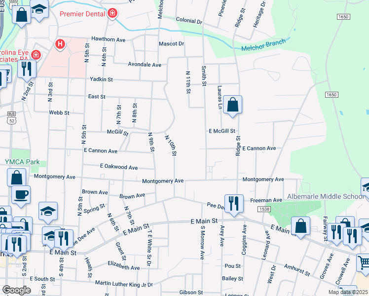 map of restaurants, bars, coffee shops, grocery stores, and more near 446 North 10th Street in Albemarle