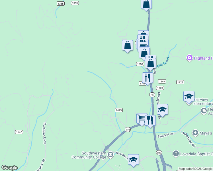 map of restaurants, bars, coffee shops, grocery stores, and more near 500 Nannys Lane in Sylva