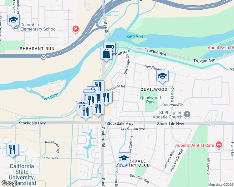 map of restaurants, bars, coffee shops, grocery stores, and more near 8001 Westfield Road in Bakersfield
