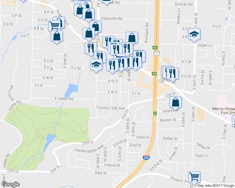 map of restaurants, bars, coffee shops, grocery stores, and more near 5610 South Y Street in Fort Smith