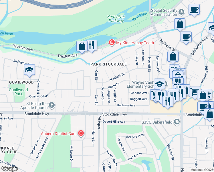 map of restaurants, bars, coffee shops, grocery stores, and more near 6313 Hesketh Drive in Bakersfield