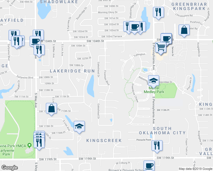 map of restaurants, bars, coffee shops, grocery stores, and more near 2421 Marforio Place in Oklahoma City