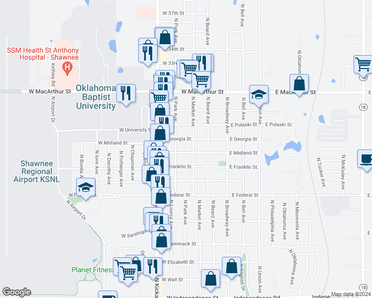 map of restaurants, bars, coffee shops, grocery stores, and more near 212 West Midland Street in Shawnee