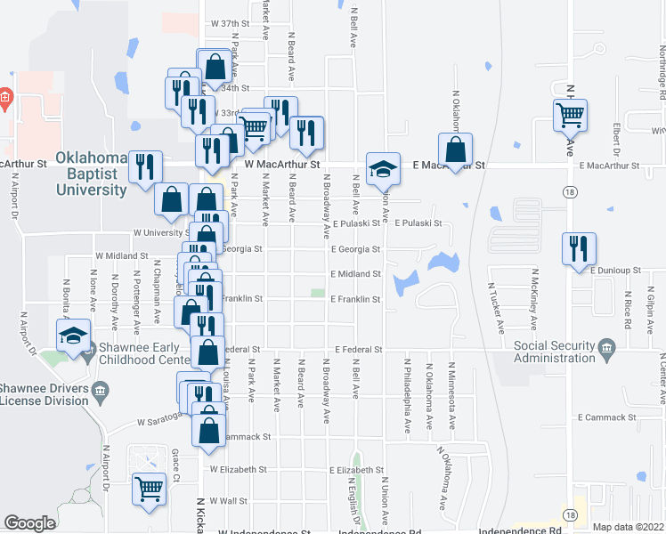 map of restaurants, bars, coffee shops, grocery stores, and more near 2319 North Broadway Avenue in Shawnee