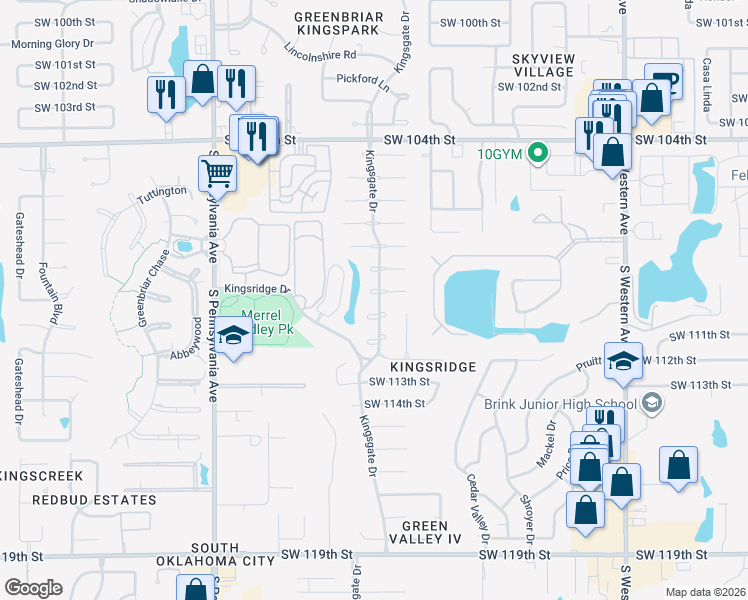 map of restaurants, bars, coffee shops, grocery stores, and more near 11104 Kingsgate Drive in Oklahoma City