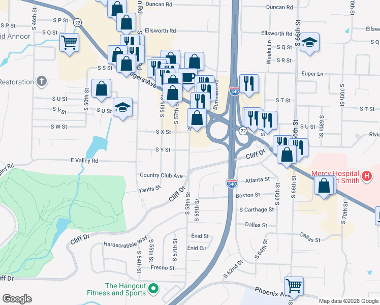 map of restaurants, bars, coffee shops, grocery stores, and more near 5614 South Y Street in Fort Smith