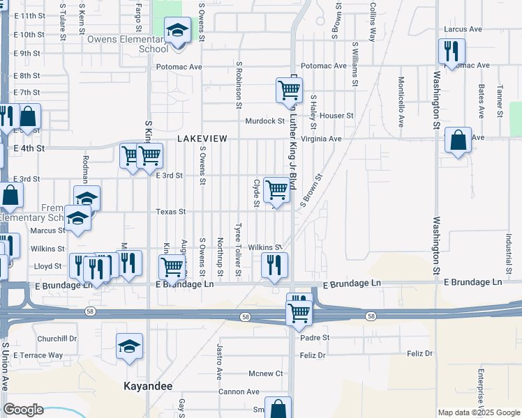 map of restaurants, bars, coffee shops, grocery stores, and more near 210 Clyde Street in Bakersfield