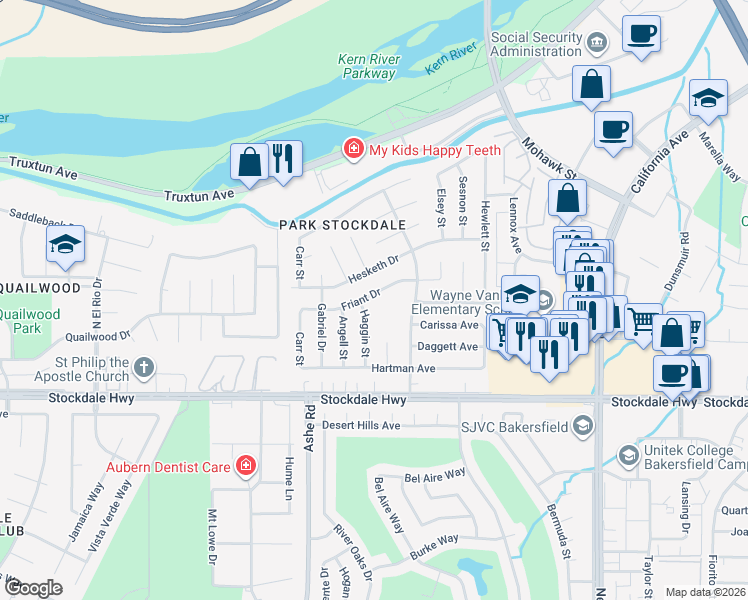 map of restaurants, bars, coffee shops, grocery stores, and more near 6112 Friant Drive in Bakersfield