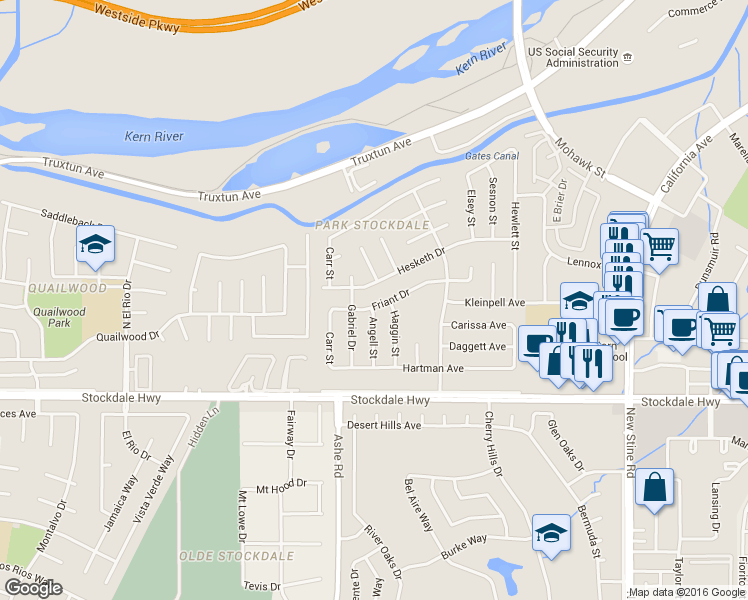 map of restaurants, bars, coffee shops, grocery stores, and more near 6112 Friant Drive in Bakersfield