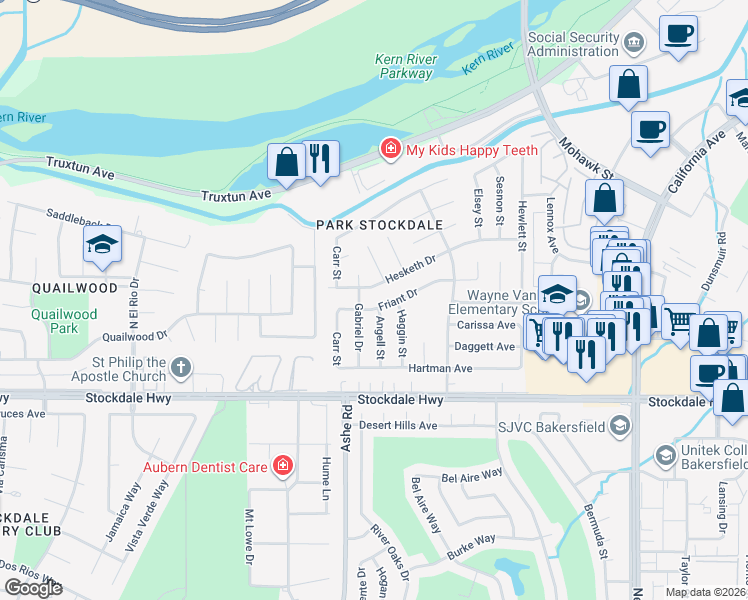 map of restaurants, bars, coffee shops, grocery stores, and more near 6313 Hesketh Drive in Bakersfield
