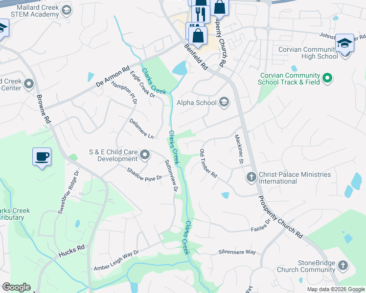 map of restaurants, bars, coffee shops, grocery stores, and more near 12214 Sutters Hill Court in Charlotte