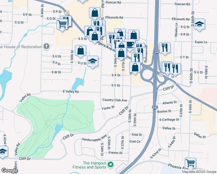map of restaurants, bars, coffee shops, grocery stores, and more near 5409 South Y Street in Fort Smith