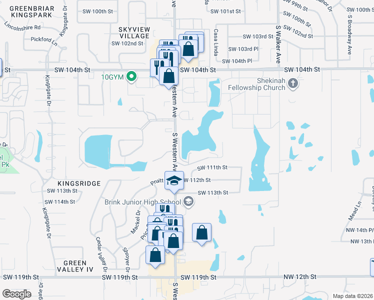 map of restaurants, bars, coffee shops, grocery stores, and more near 10906 South Western Avenue in Oklahoma City