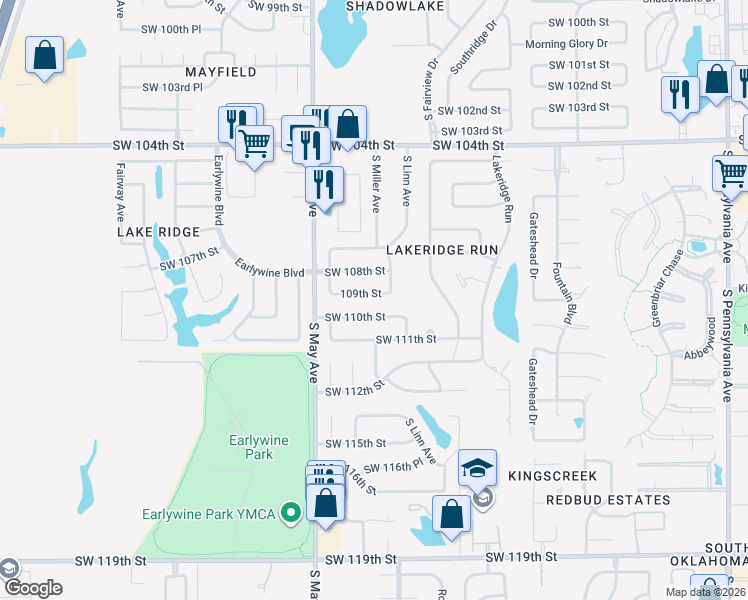 map of restaurants, bars, coffee shops, grocery stores, and more near 2813 109th Street in Oklahoma City