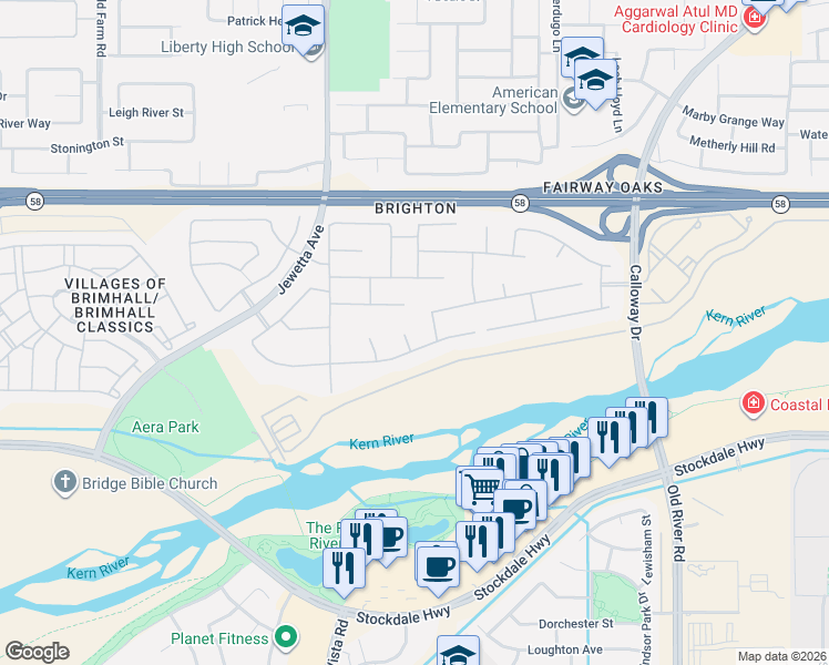 map of restaurants, bars, coffee shops, grocery stores, and more near 301 Abbotsford Lane in Bakersfield