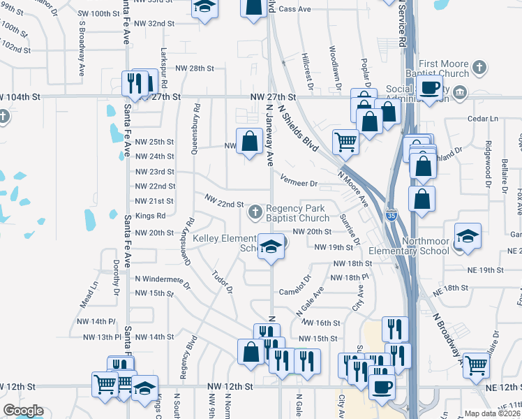 map of restaurants, bars, coffee shops, grocery stores, and more near 817 Northwest 22nd Street in Moore