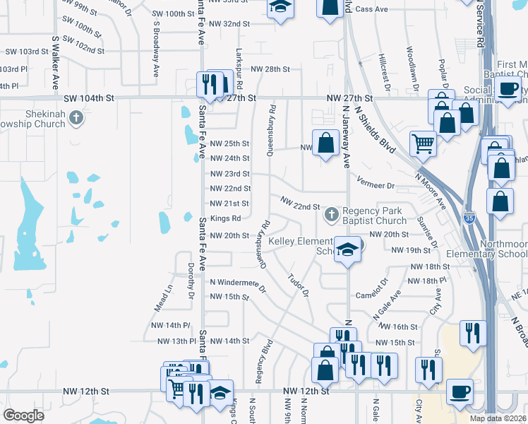 map of restaurants, bars, coffee shops, grocery stores, and more near 2120 Kings Road in Moore
