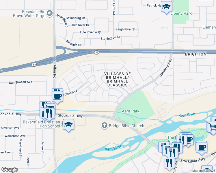 map of restaurants, bars, coffee shops, grocery stores, and more near 12101 Lower Waterford Drive in Bakersfield