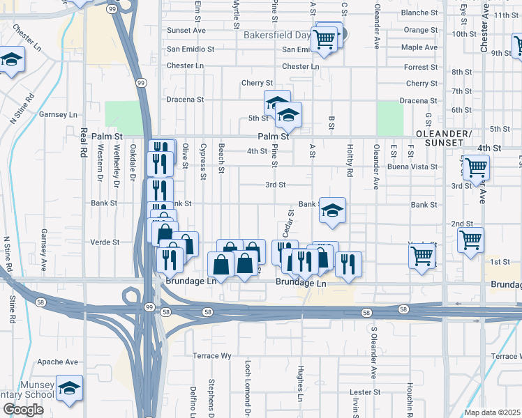 map of restaurants, bars, coffee shops, grocery stores, and more near 2625 Bank Street in Bakersfield