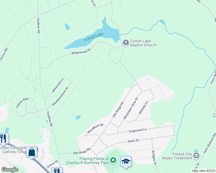 map of restaurants, bars, coffee shops, grocery stores, and more near 244 Greenbriar Lane in Forest City