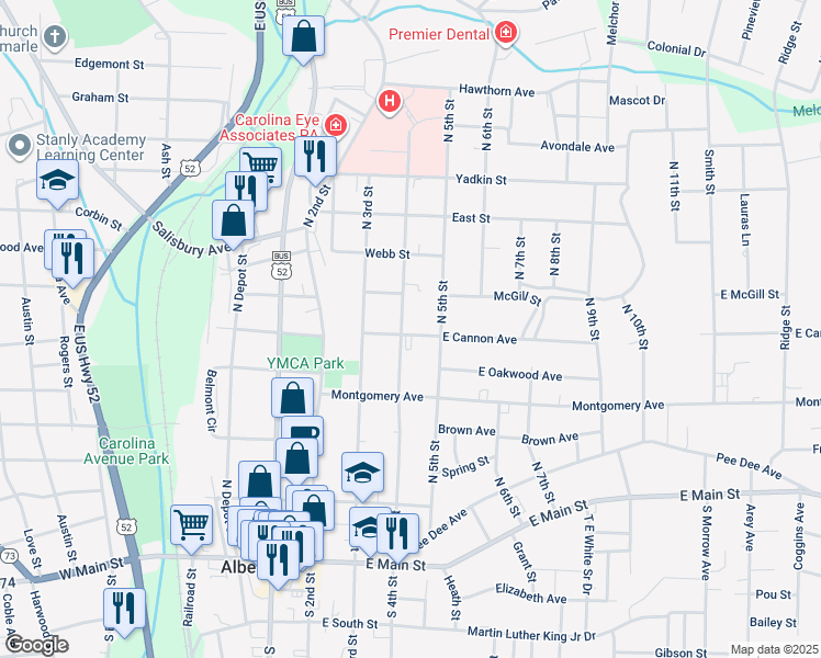 map of restaurants, bars, coffee shops, grocery stores, and more near 500 North 4th Street in Albemarle