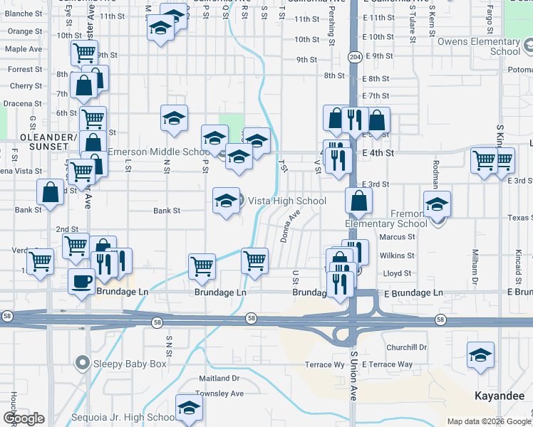 map of restaurants, bars, coffee shops, grocery stores, and more near 209 T Street in Bakersfield
