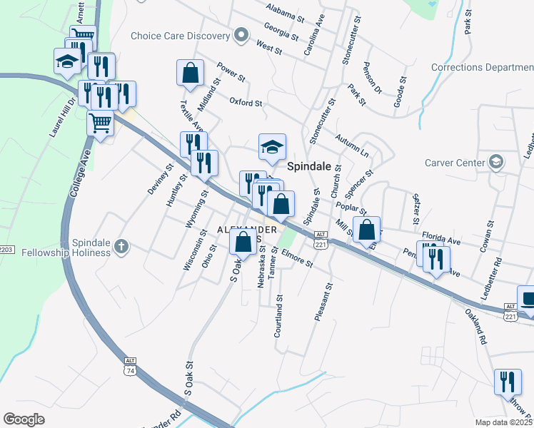 map of restaurants, bars, coffee shops, grocery stores, and more near 187 W Main St in Spindale