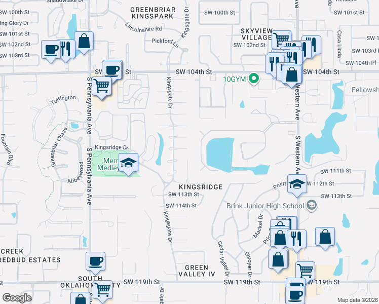 map of restaurants, bars, coffee shops, grocery stores, and more near 1304 Southwest 111th Place in Oklahoma City