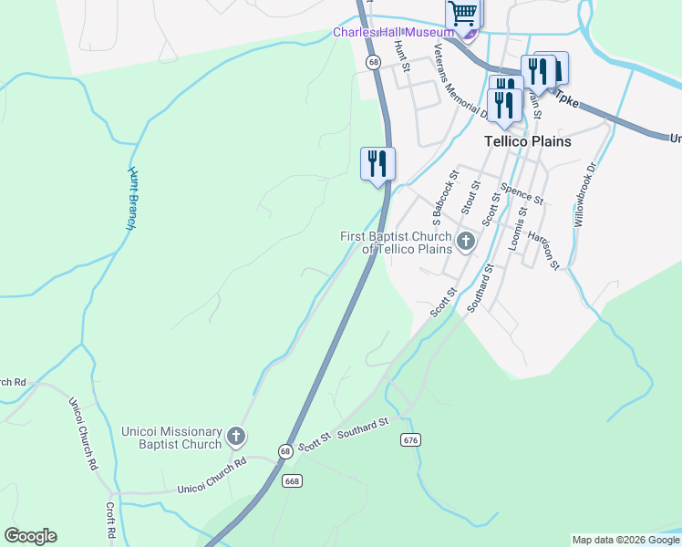map of restaurants, bars, coffee shops, grocery stores, and more near 119 Unicoi Church Road in Tellico Plains