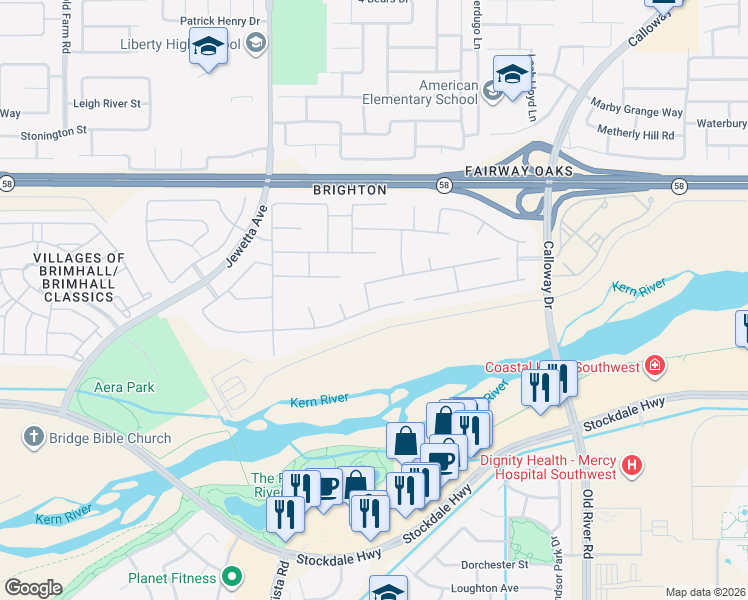 map of restaurants, bars, coffee shops, grocery stores, and more near 10808 Queensbury Drive in Bakersfield