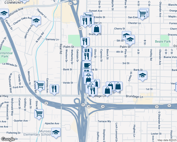 map of restaurants, bars, coffee shops, grocery stores, and more near 220 Oak Street in Bakersfield