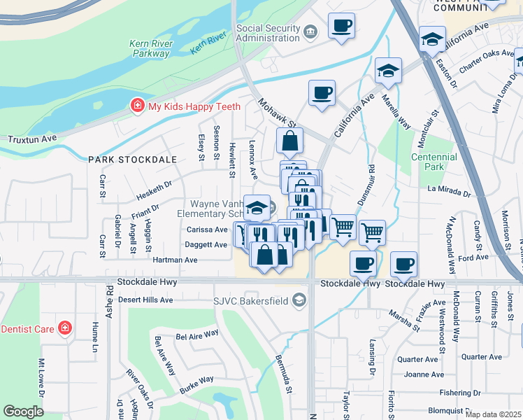 map of restaurants, bars, coffee shops, grocery stores, and more near 100 Kleinpell Avenue in Bakersfield