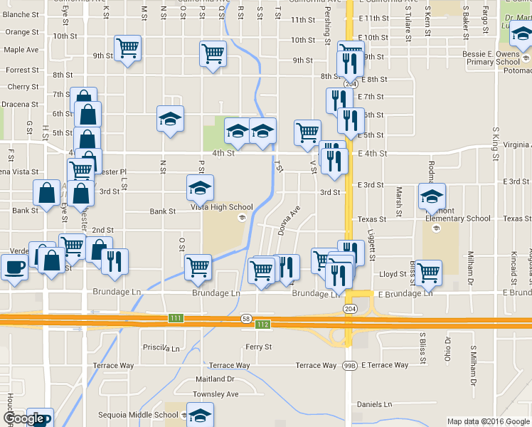 map of restaurants, bars, coffee shops, grocery stores, and more near 209 T Street in Bakersfield