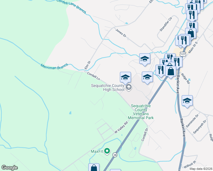 map of restaurants, bars, coffee shops, grocery stores, and more near 48 Tom Newman Road in Dunlap
