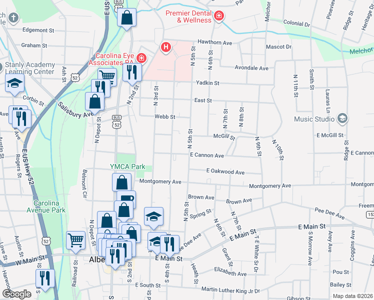 map of restaurants, bars, coffee shops, grocery stores, and more near 323/325 East Cannon Avenue in Albemarle