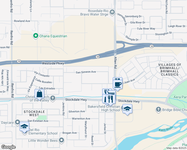 map of restaurants, bars, coffee shops, grocery stores, and more near 13205 San Simeon Avenue in Bakersfield