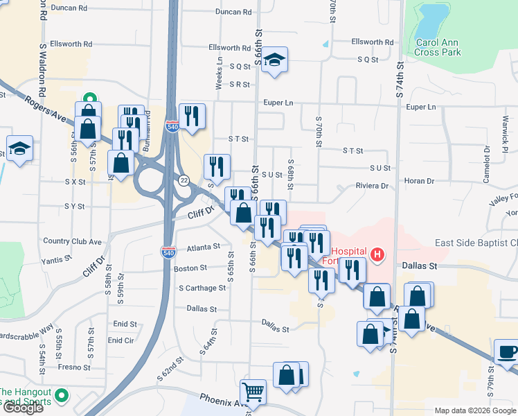 map of restaurants, bars, coffee shops, grocery stores, and more near 2606 South 67th Street in Fort Smith