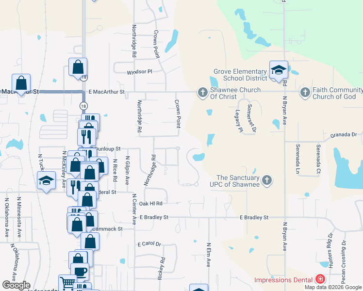 map of restaurants, bars, coffee shops, grocery stores, and more near 25 Crown Point in Shawnee